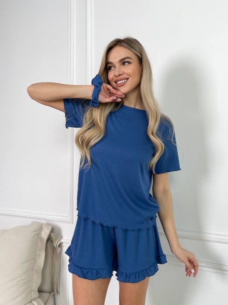 Домашній костюм жіночий синього кольору 30737