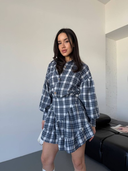 Женский костюм с юбкой в клетку синего цвета 30784