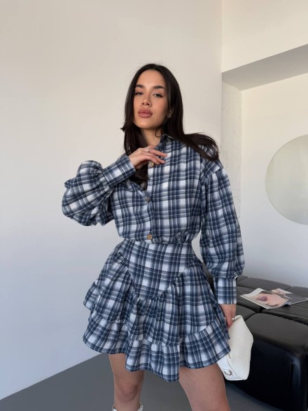 Женский костюм с юбкой в клетку синего цвета 30784