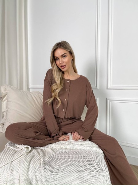 Жіночий домашній костюм у рубчик кавового кольору 30786