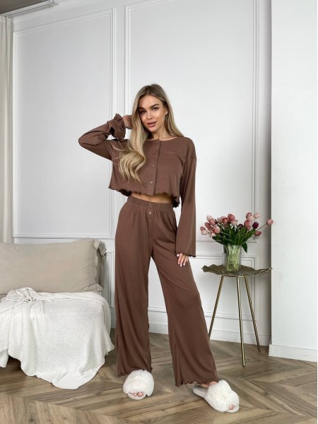 Жіночий домашній костюм у рубчик кавового кольору 30786