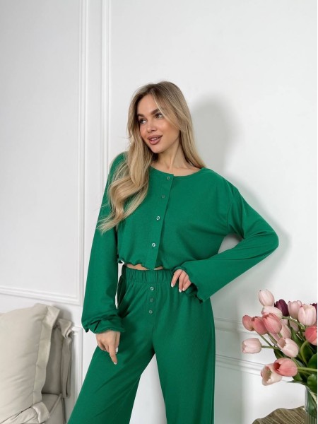 Жіночий домашній костюм у рубчик зеленого кольору 30787