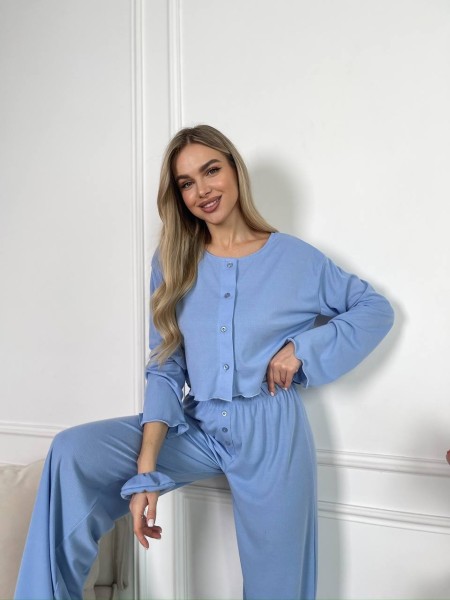 Жіночий домашній костюм у рубчик блакитного кольору 30795