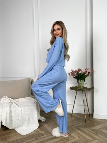 Жіночий домашній костюм у рубчик блакитного кольору 30795