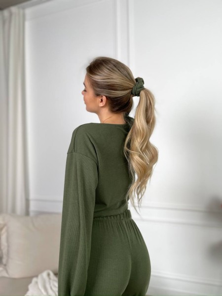 Жіночий домашній костюм у рубчик кольору хакi 30796