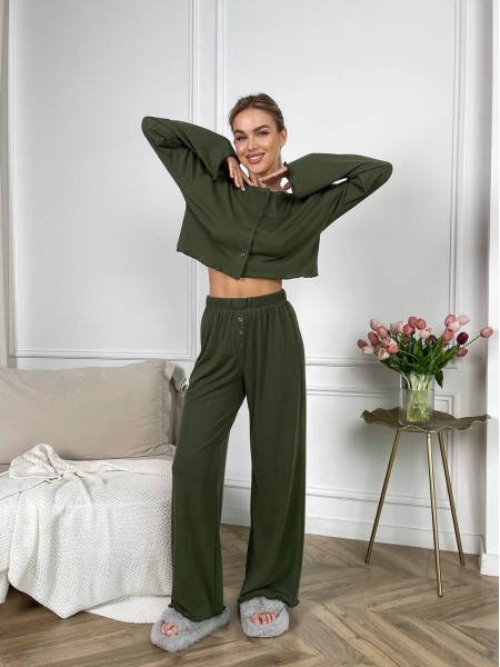 Жіночий домашній костюм у рубчик кольору хакi 30796
