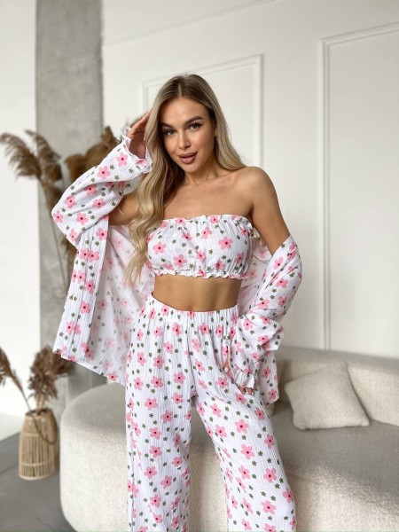 Жіночий мусліновий домашній костюм трійка рожевого кольору 30860