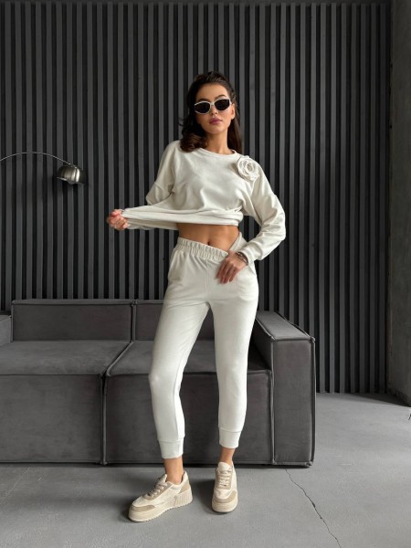 Велюровий жіночий костюм молочного кольору 30937