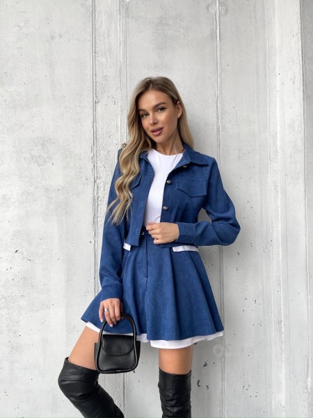 Жіночий вельветовий костюм 2-ка (спідниця-шорти+піджак) синього кольору 30968