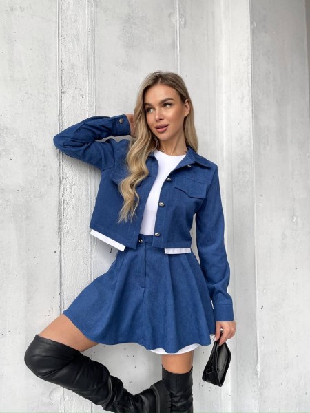 Жіночий вельветовий костюм 2-ка (спідниця-шорти+піджак) синього кольору 30968