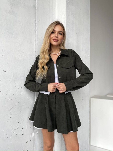Жіночий вельветовий костюм 2-ка (спідниця-шорти+піджак) кольору хакi30970