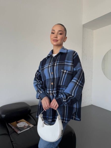 Кашемірова жіноча сорочка в клітинку синього кольору 30972