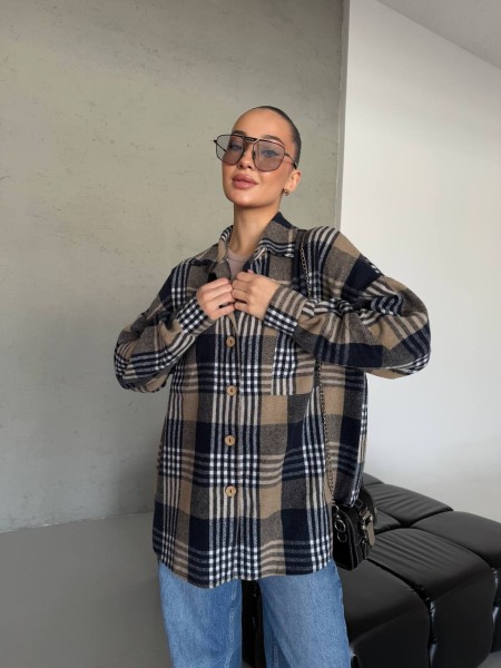 Кашемірова жіноча сорочка в клітинку кавового кольору 30973