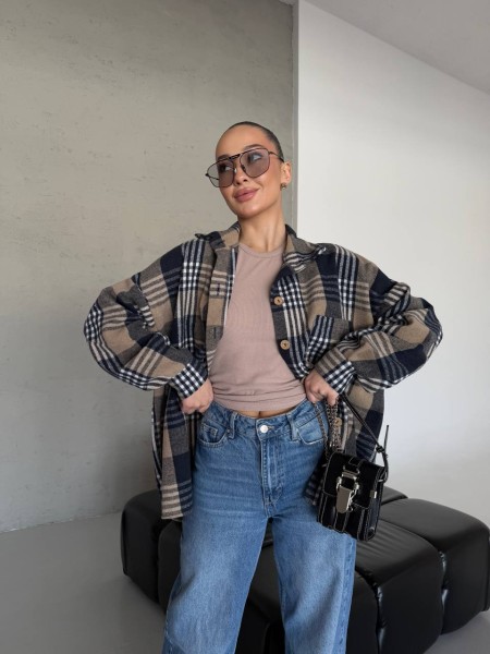 Кашемірова жіноча сорочка в клітинку кавового кольору 30973