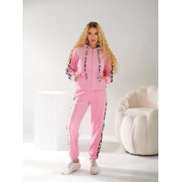 Велюровый женский костюм с леопардовыми вставками розового цвета  30989