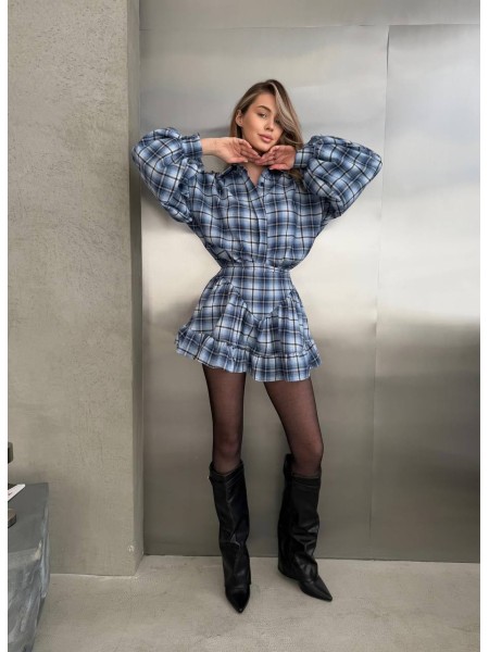 Женский комплект юбка+рубашка в клетку синего цвета 31003