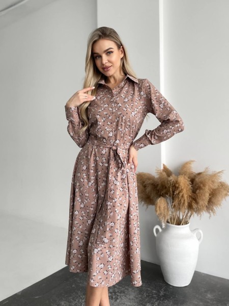 Легка сукня міді у квітку кавового кольору 31010