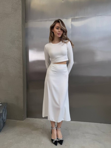 Жіноча шовкова спідниця міді молочного кольору 31034