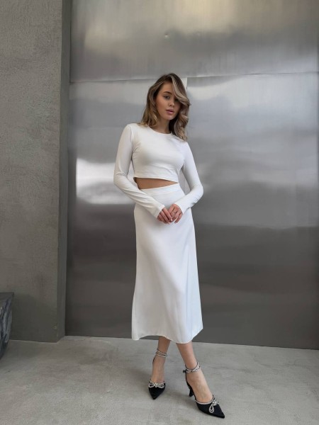 Жіноча шовкова спідниця міді молочного кольору 31034