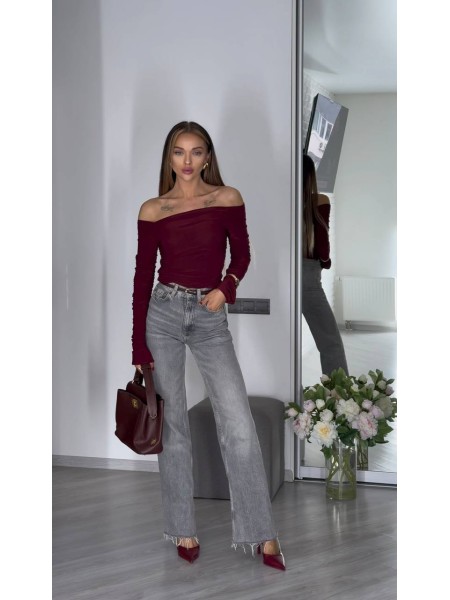 Жіночий лонгслів з відкритими плечима бордового кольору 31036