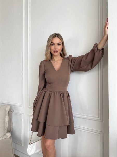 Классическое платье мини с двойной юбкой кофейного цвета 31037