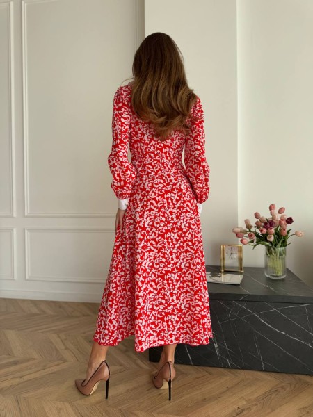 Класична сукня в квiтку середньої довжини червоного кольору 31101