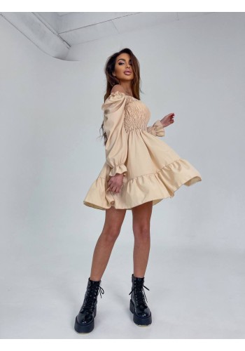 Легка міні сукня з відкритими плечима бежевого кольору 31174