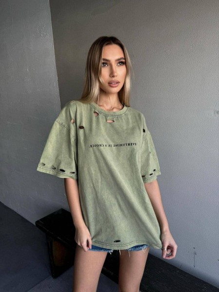 Базова жіноча футболка з розрізами кольору хакі 31180