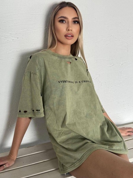 Базова жіноча футболка з розрізами кольору хакі 31180