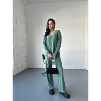 Жіночий прогулянковий костюм з трикотажу в рубчик фiсташкового кольору 31199