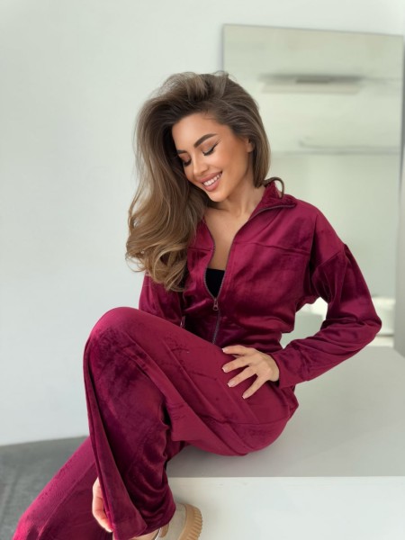 Велюровый женский костюм на молнии бордового цвета 31206