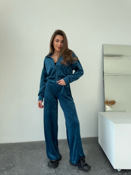 Велюровый женский костюм на молнии цвета морской волны 31207