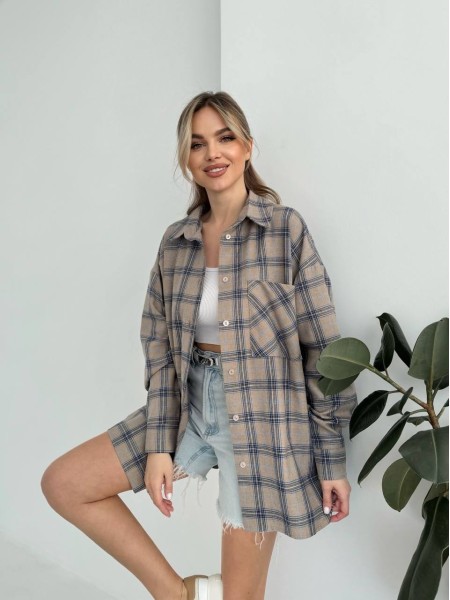 Жіноча фланелева сорочка в клітинку кавового кольору 31214