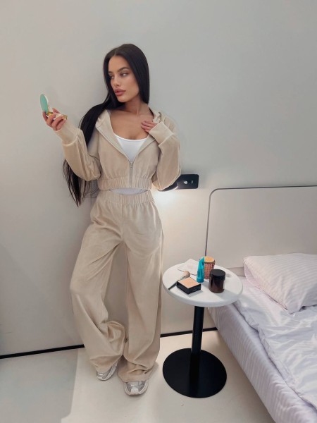 Велюровий жіночий костюм на блискавці бежевого кольору 31222