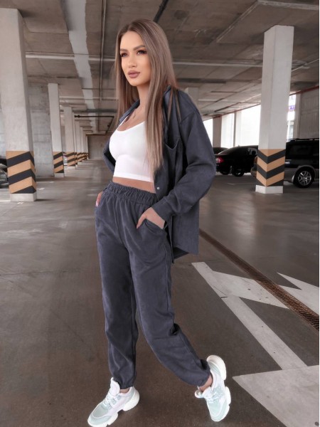 Вельветовый костюм на кнопках графитового цвета  31335