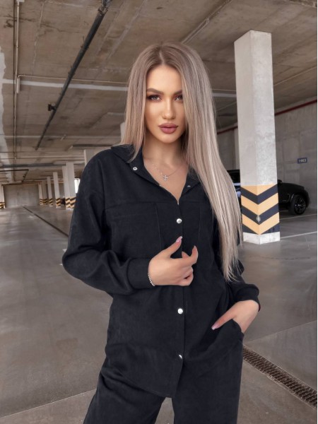 Вельветовый костюм на кнопках черного цвета  31347