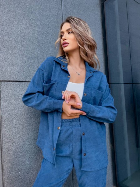 Вельветовий костюм на кнопках темно-синього кольору 31348