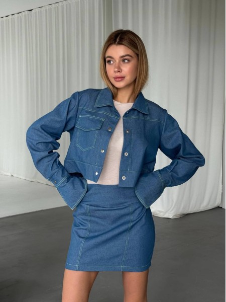 Жіночий джинсовий костюм спідниця+сорочка синього кольору 31416
