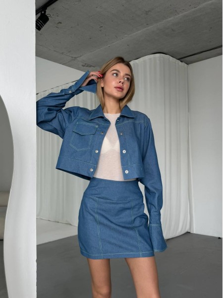 Жіночий джинсовий костюм спідниця+сорочка синього кольору 31416