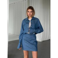 Женский джинсовый костюм юбка+рубашка синего цвета 31416