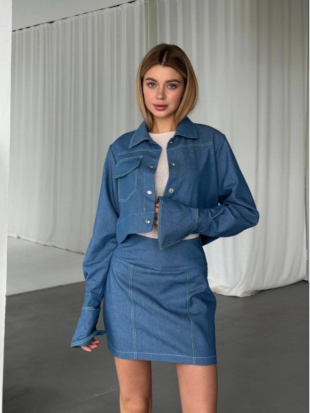 Жіночий джинсовий костюм спідниця+сорочка синього кольору 31416