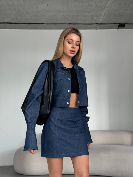 Жіночий джинсовий костюм спідниця+сорочка темно-синього кольору 31417