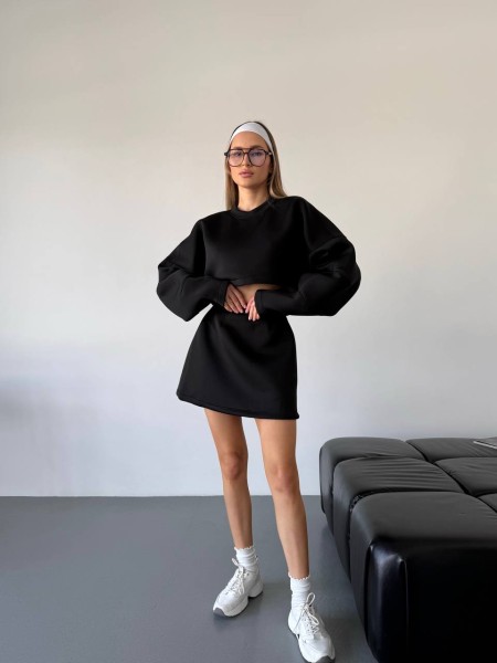 Женский прогулочный костюм юбка+батник черного цвета 31425