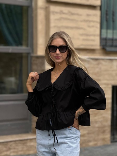 Женская хлопковая блуза на завязках черного цвета 31431