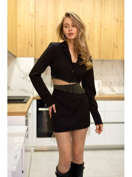 Класичний жіночий костюм з бахромою чорного кольору 31433