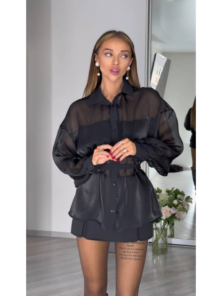 Женская прозрачная блуза с поясом черного цвета 31439