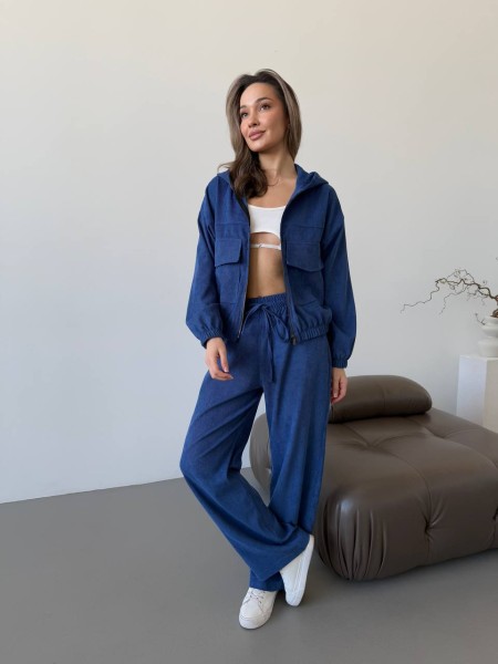 Вельветовий костюм на блискавці синього кольору 31519