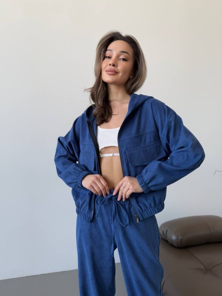 Вельветовий костюм на блискавці синього кольору 31519