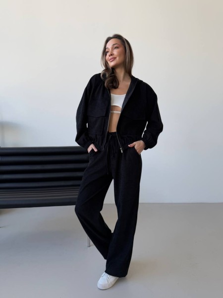 Вельветовий костюм на блискавці чорного кольору 31520