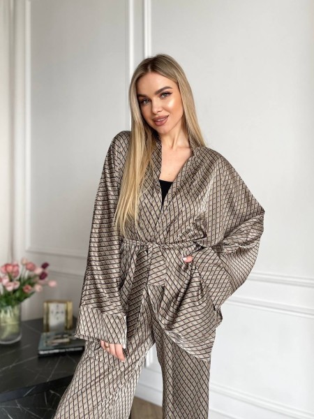 Жіночий шовковий домашній комплект кофейного кольору 31525